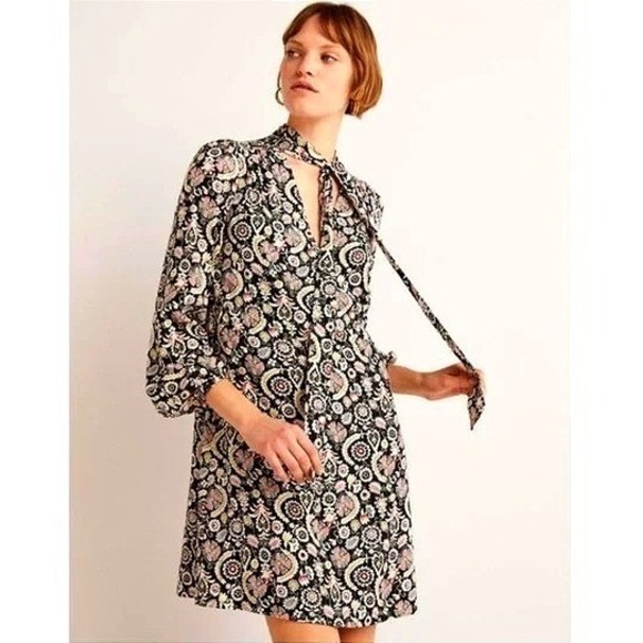 Boden Dresses & Skirts - Boden Black Gold Paisley Metallic Lurex Tie Neck Mini Dress Pockets US 12 D0440